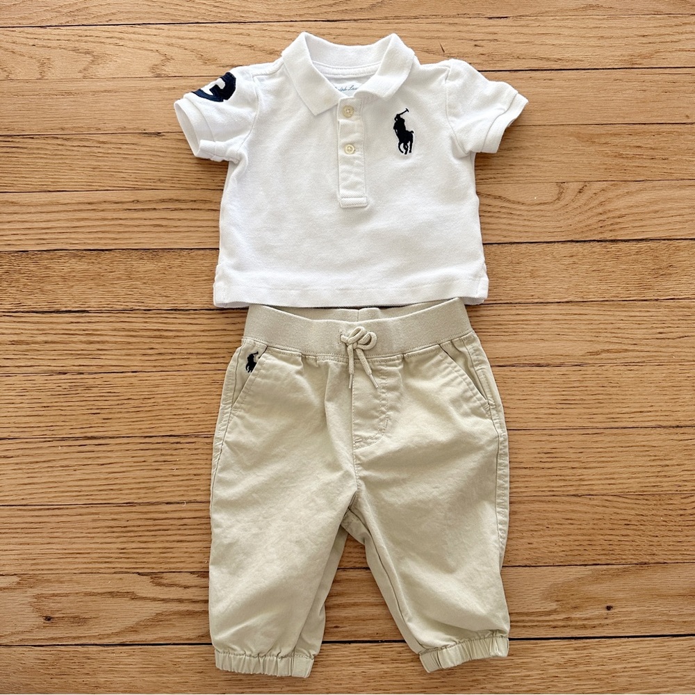 RALPH LAUREN BABY COLLARED SHIRT AND KHAKI JOGGERS SET 3 MONTHS BABY